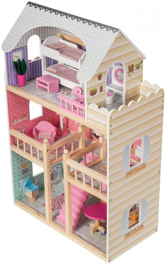 Large, 3-story wooden doll-house with a terrace, a set of furniture and LED lighting!