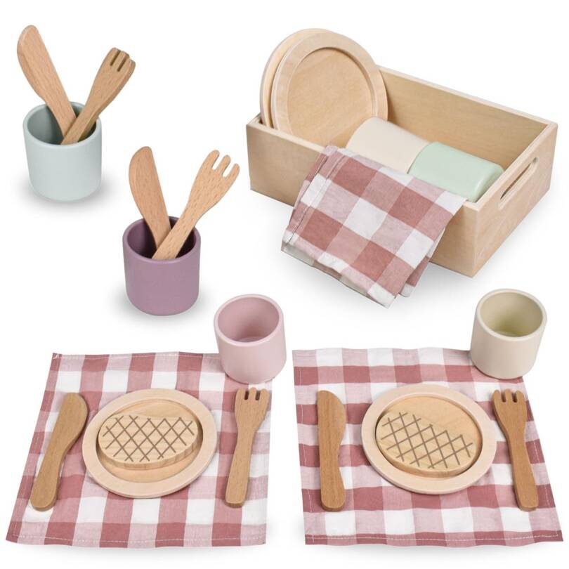 Wooden dinner set for children with red placemats