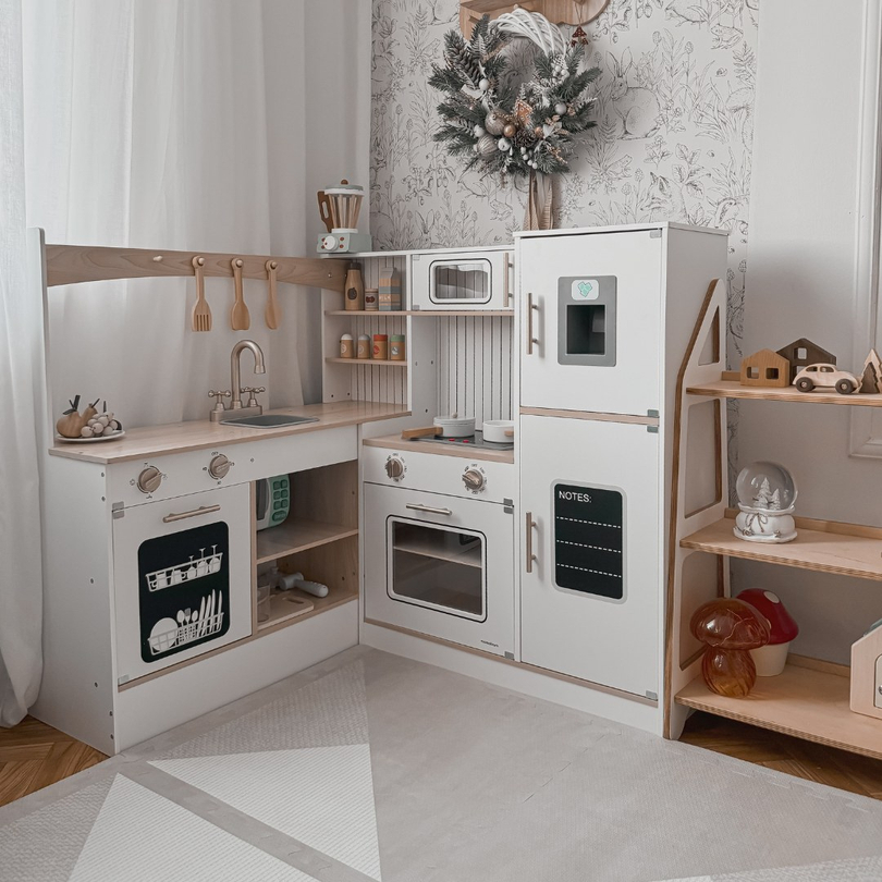 XXXL wooden interactive corner kitchen with refrigerator, microwave, oven, dishwasher and accessories - white