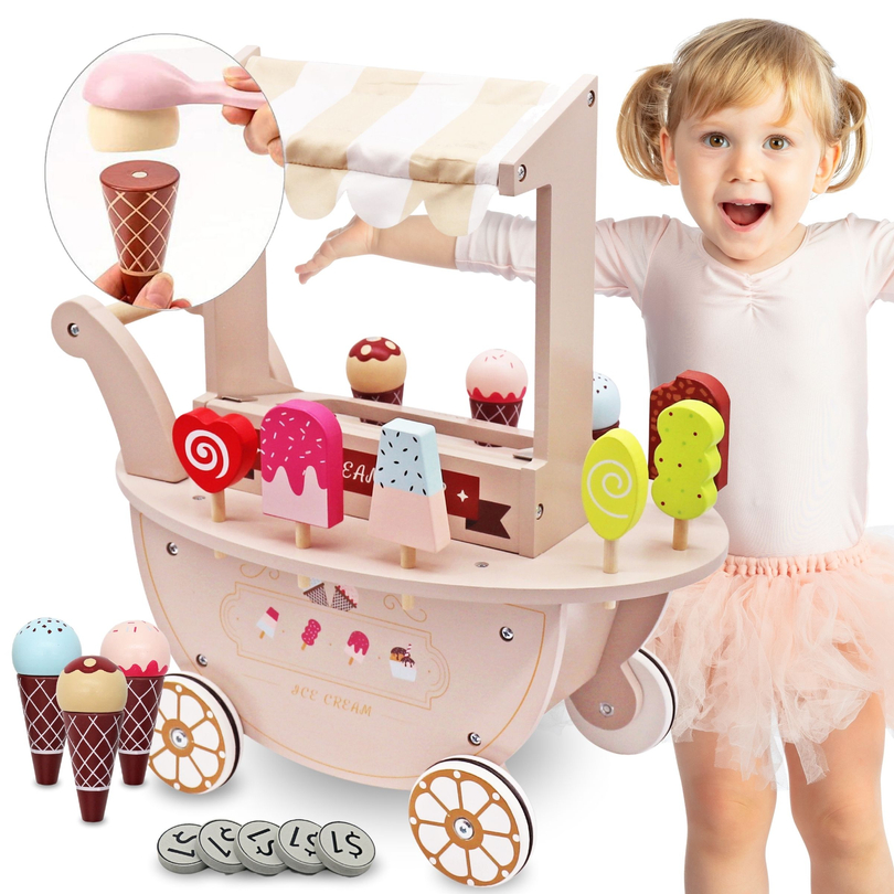 Wooden ice cream parlor for children - cart on wheels with accessories