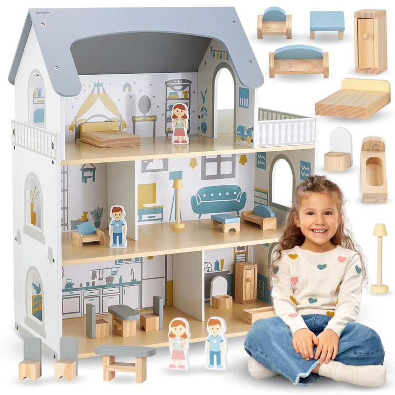 White wooden doll house with terrace and accessories