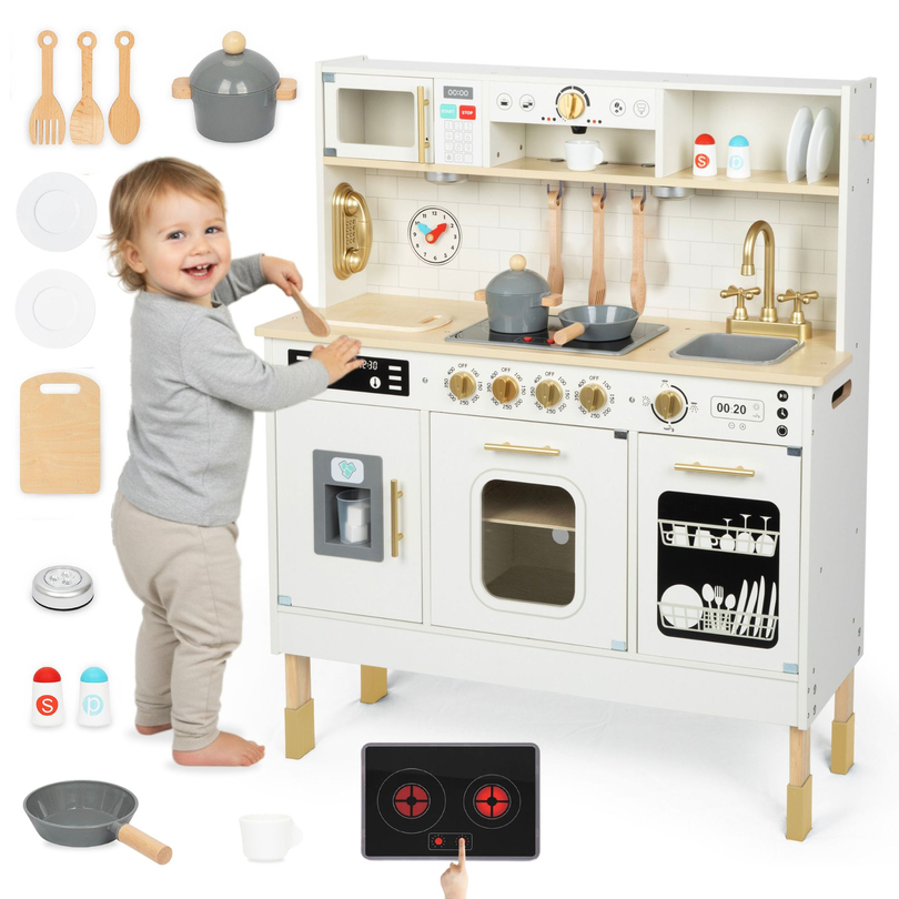Interactive XXL wooden kitchen with accessories and LED lighting - two-level