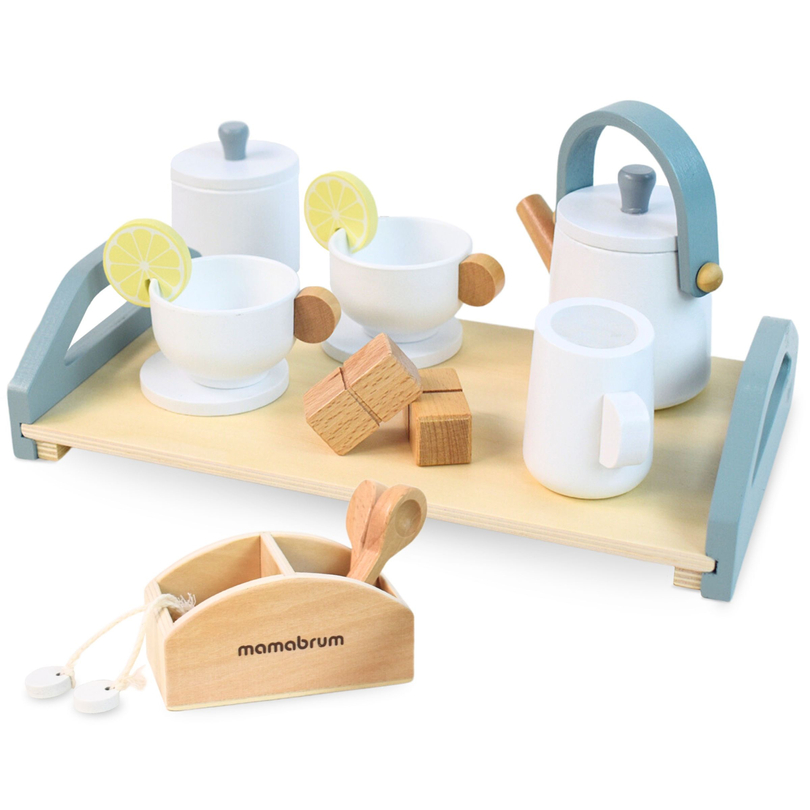Large wooden tea set with tray - 17 items