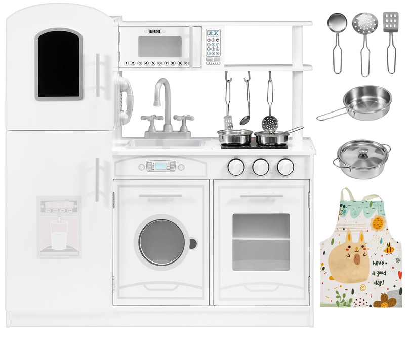 Large, white, wooden kitchen with accessories and apron