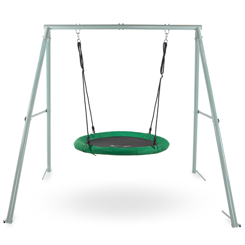 Garden swing of the stork's nest type with a frame and ropes