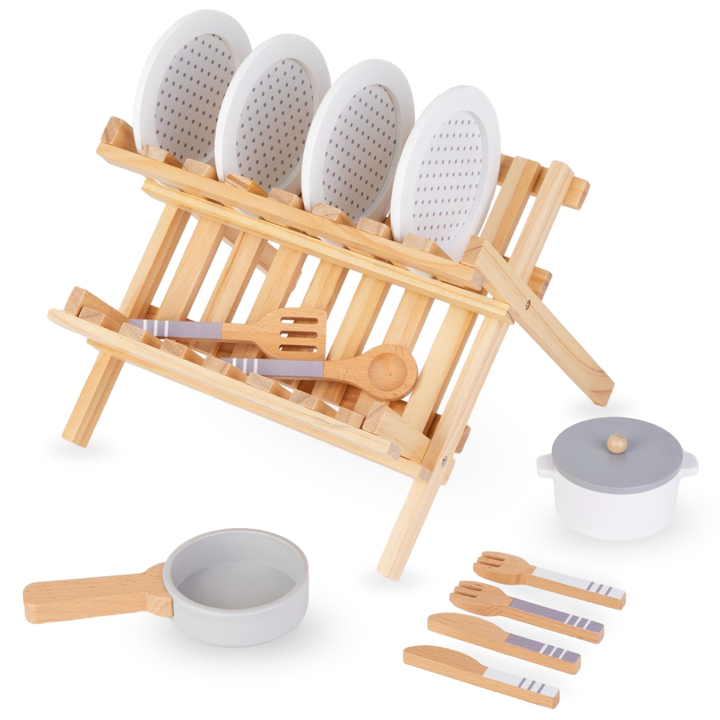 Wooden kitchen accessories with dish dryer - set for children