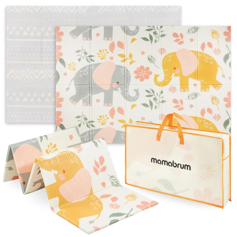 Double-sided folding foam mat 180 x 120 x 1cm - Exotic Elephants/Delicate Grey