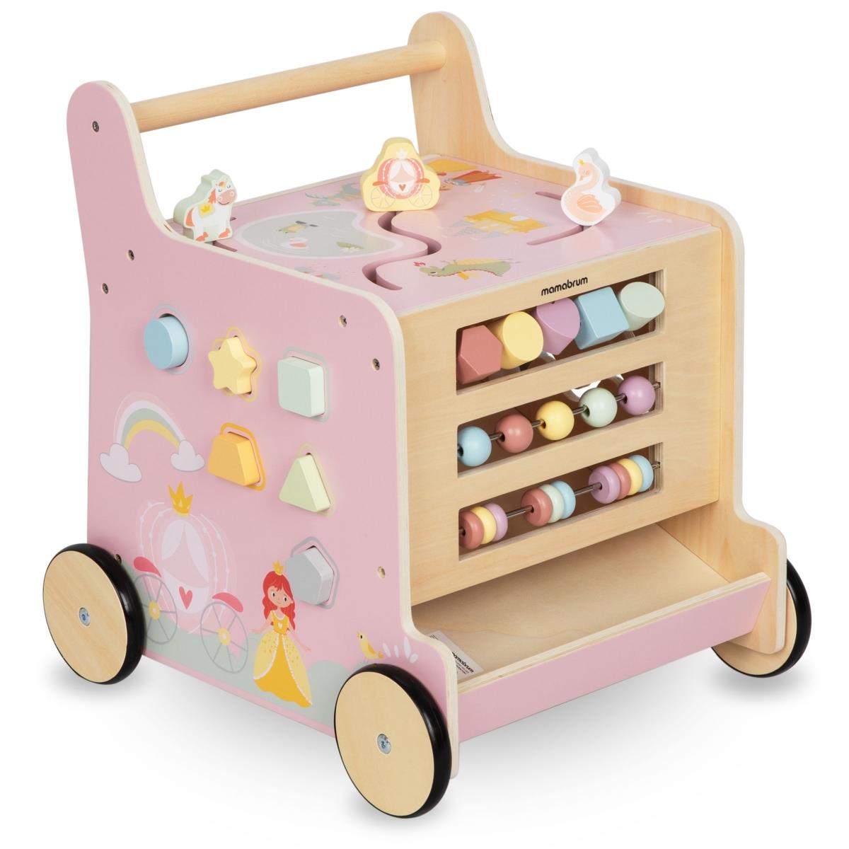 Wooden 2-in-1 walker with educational cube function, pink