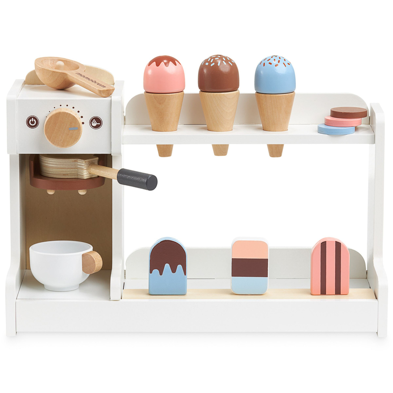 Wooden ice cream shop with coffee maker - coffee shop with accessories