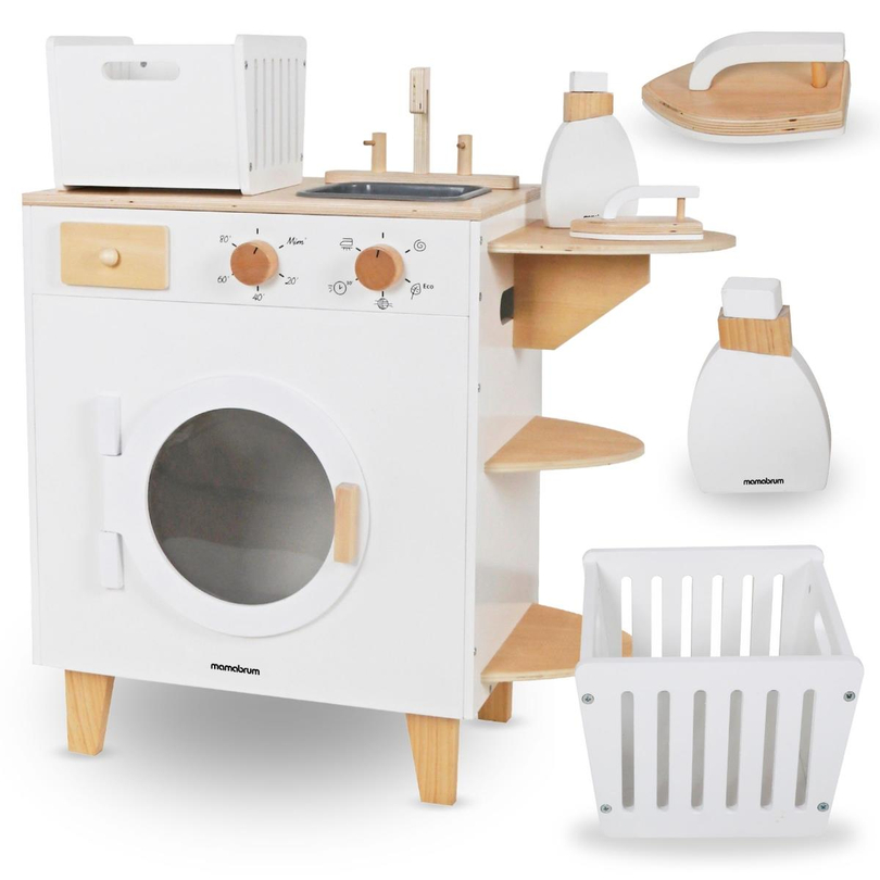 Wooden washing machine with iron, basket and washing liquid