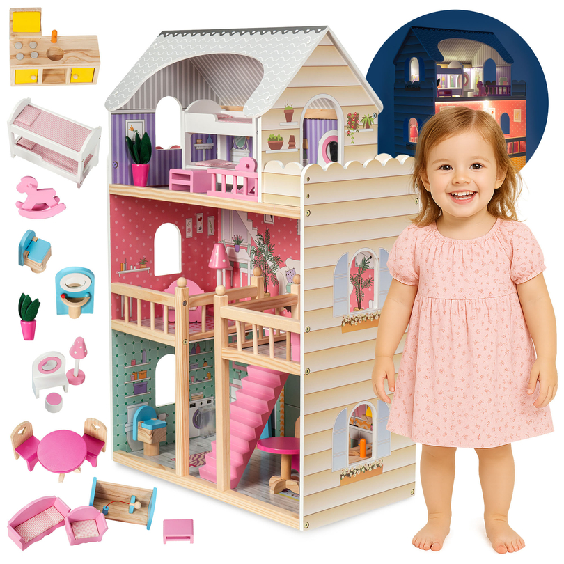 Large, 3-story wooden doll-house with a terrace, a set of furniture and LED lighting!