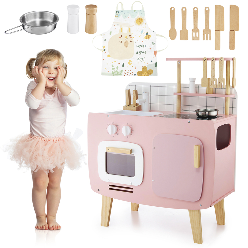Retro wooden kitchen with apron and accessories - pink