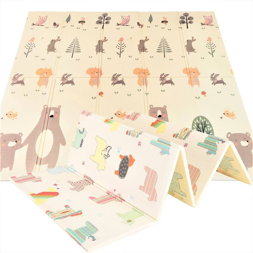 Double-sided foam mat XXL - folded 1 cm (patterns: bear & forest and horses)