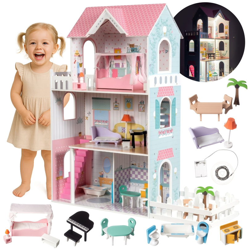 Our largest wooden doll-house - XXL - up to 123 cm - LED backlight - terrace, accessories, dolls and garden