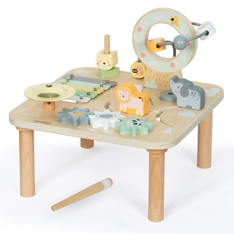 Wooden educational 7-in-1 musical table with cymbals and gong - wild jungle