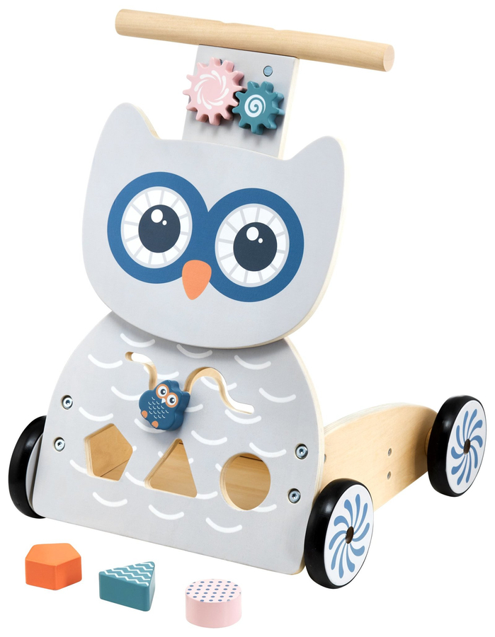 Multifunctional wooden walker - pusher - trolley with blocks - Owl