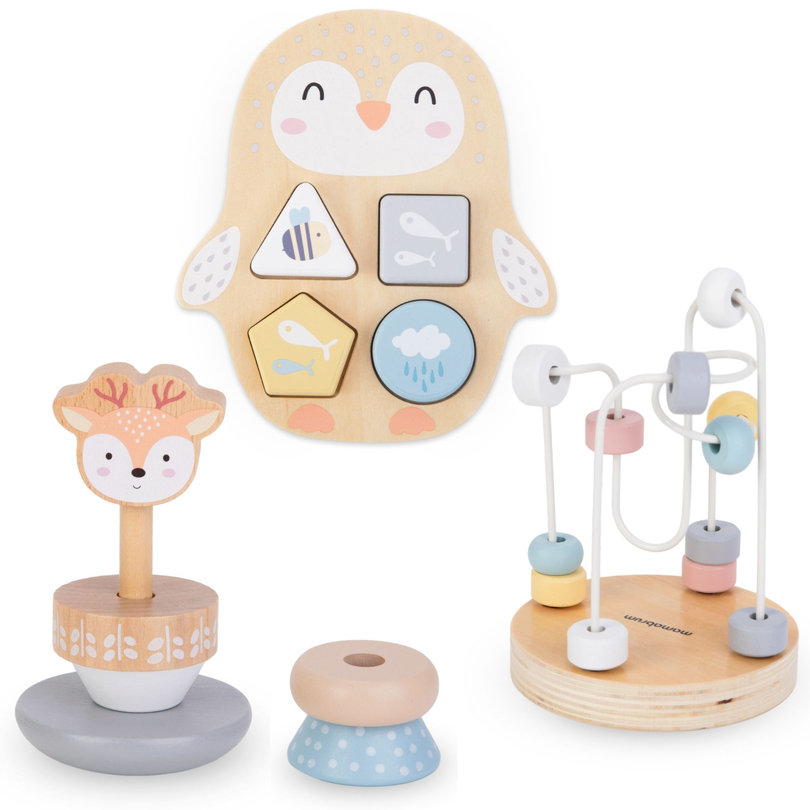 Set of wooden toys - colorful interlacing, pyramid Deer, sorter Penguin