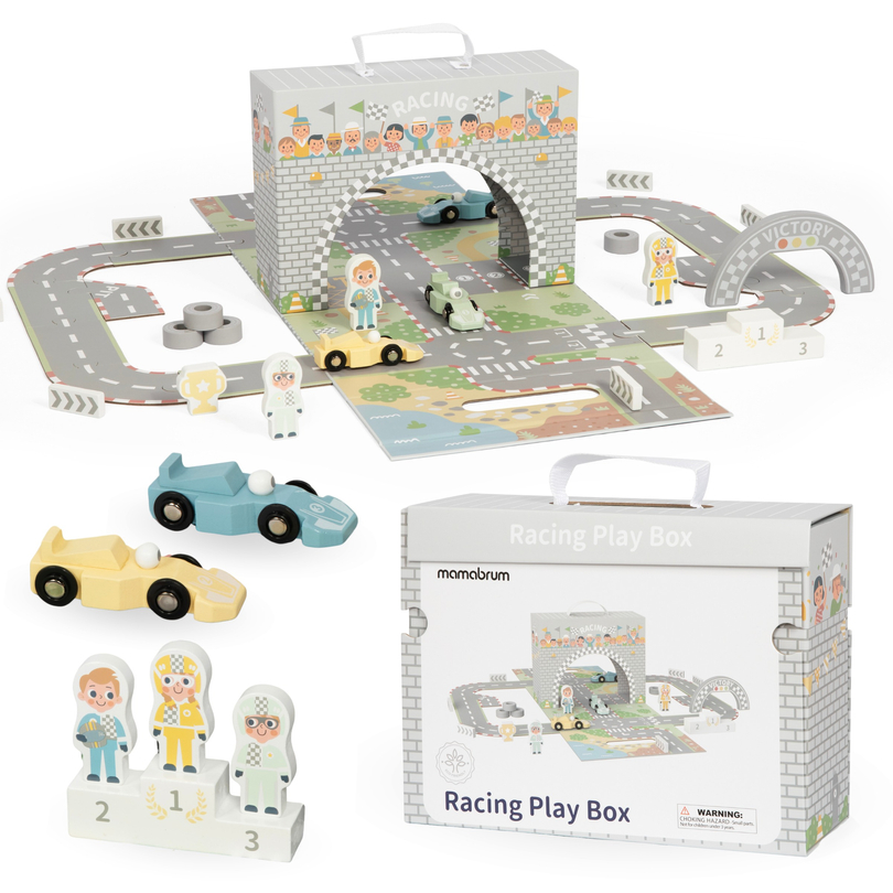 Magnetic suitcase with race track, wooden vehicles and road accessories