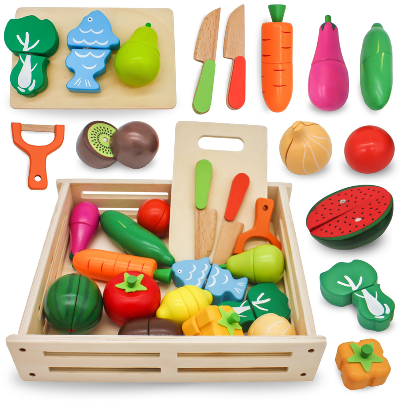 Wooden fruits and vegetables for cutting