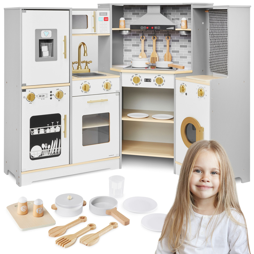 XXXL wooden interactive kitchen with LED lighting, hood and accessories