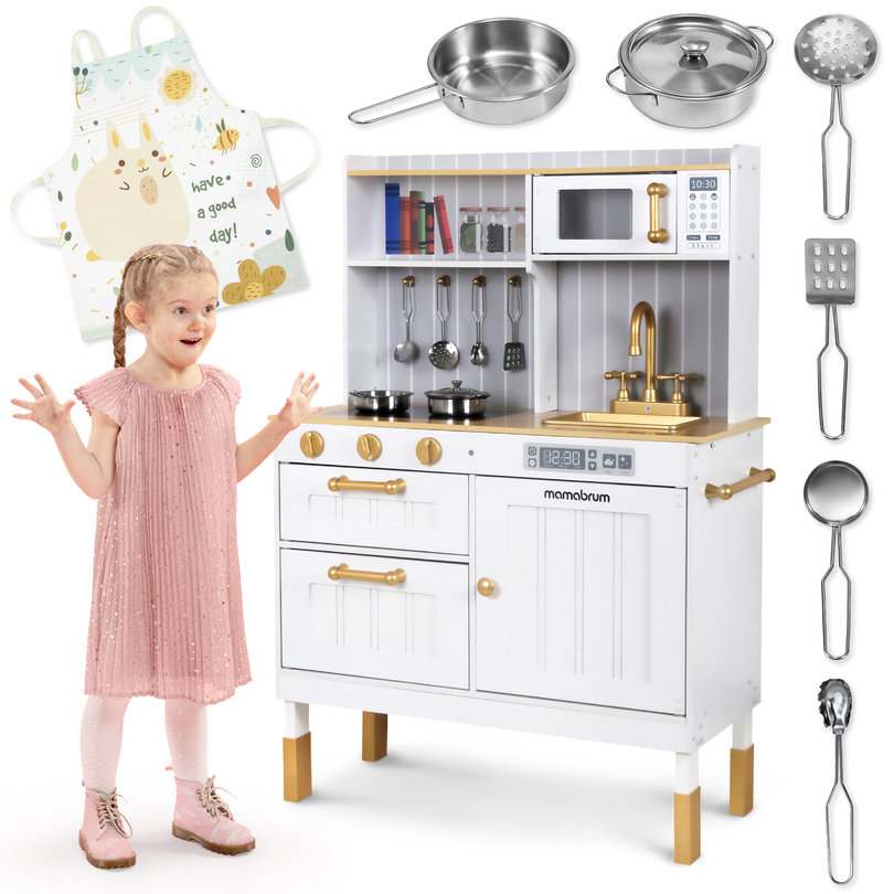 Wooden white kitchen with accessories and apron