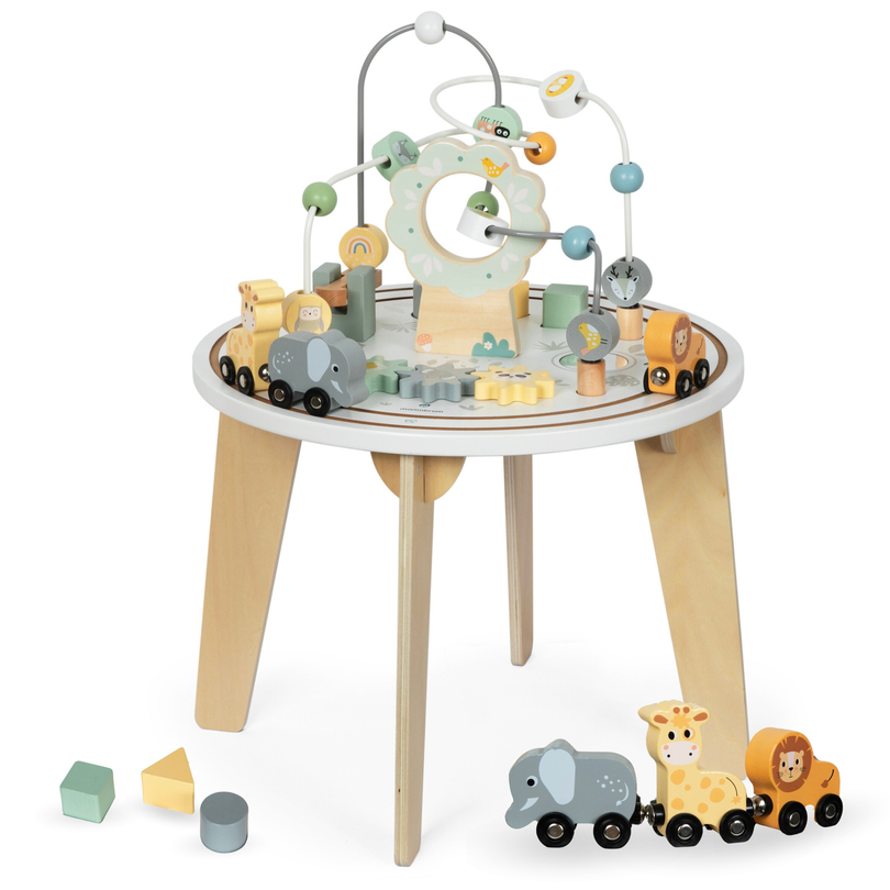 Wooden round educational table with a magnetic train and a bead launcher