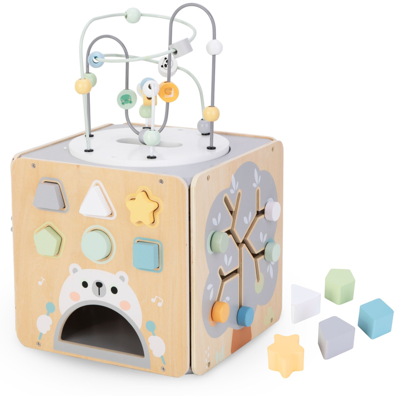Large wooden activity cube with loop - Montessori