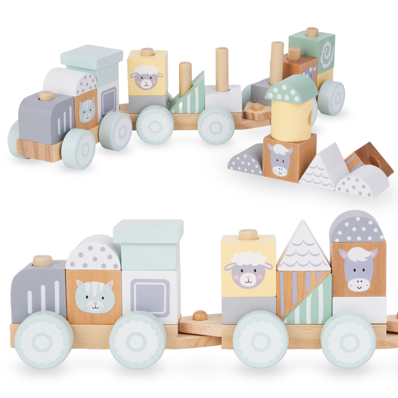 Wooden train with blocks for a boy - Farm
