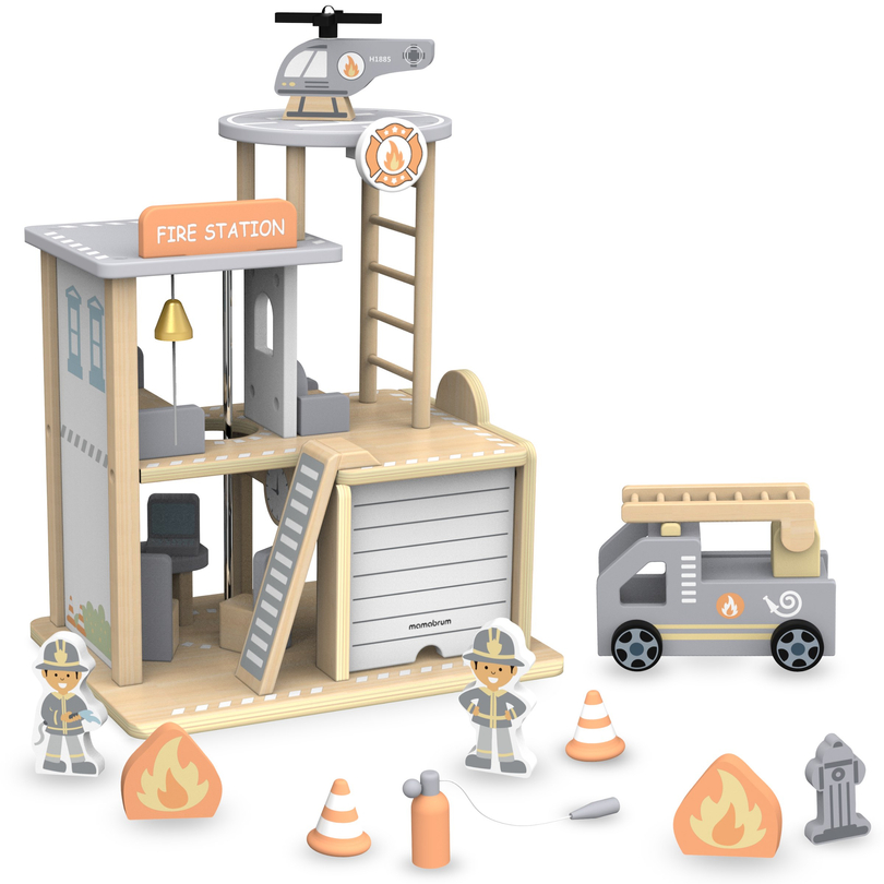 Wooden fire station with accessories, fire department