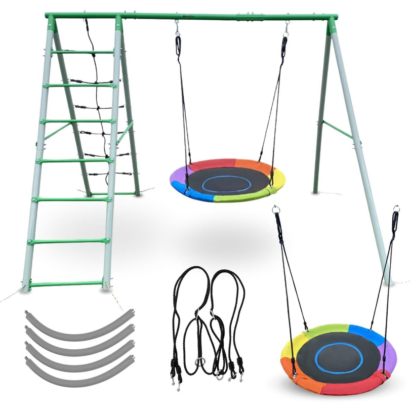 XL garden playground for children with a stork's nest swing, ladder and climbing net